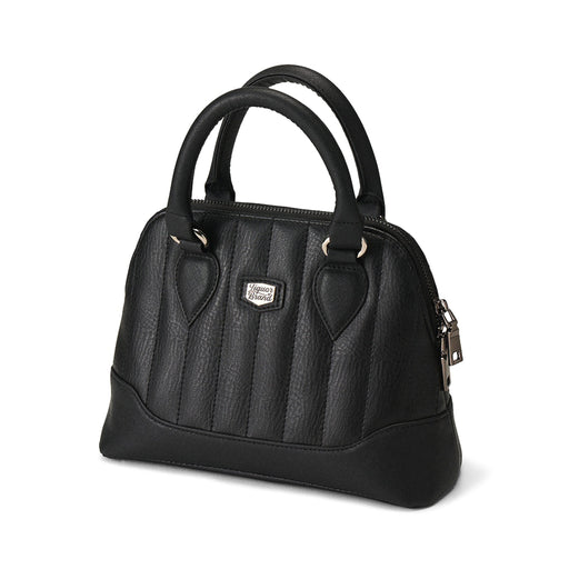 Bolso mini Lil' Rocket negro, angulado, destacando la textura de la piel y el parche del logo.