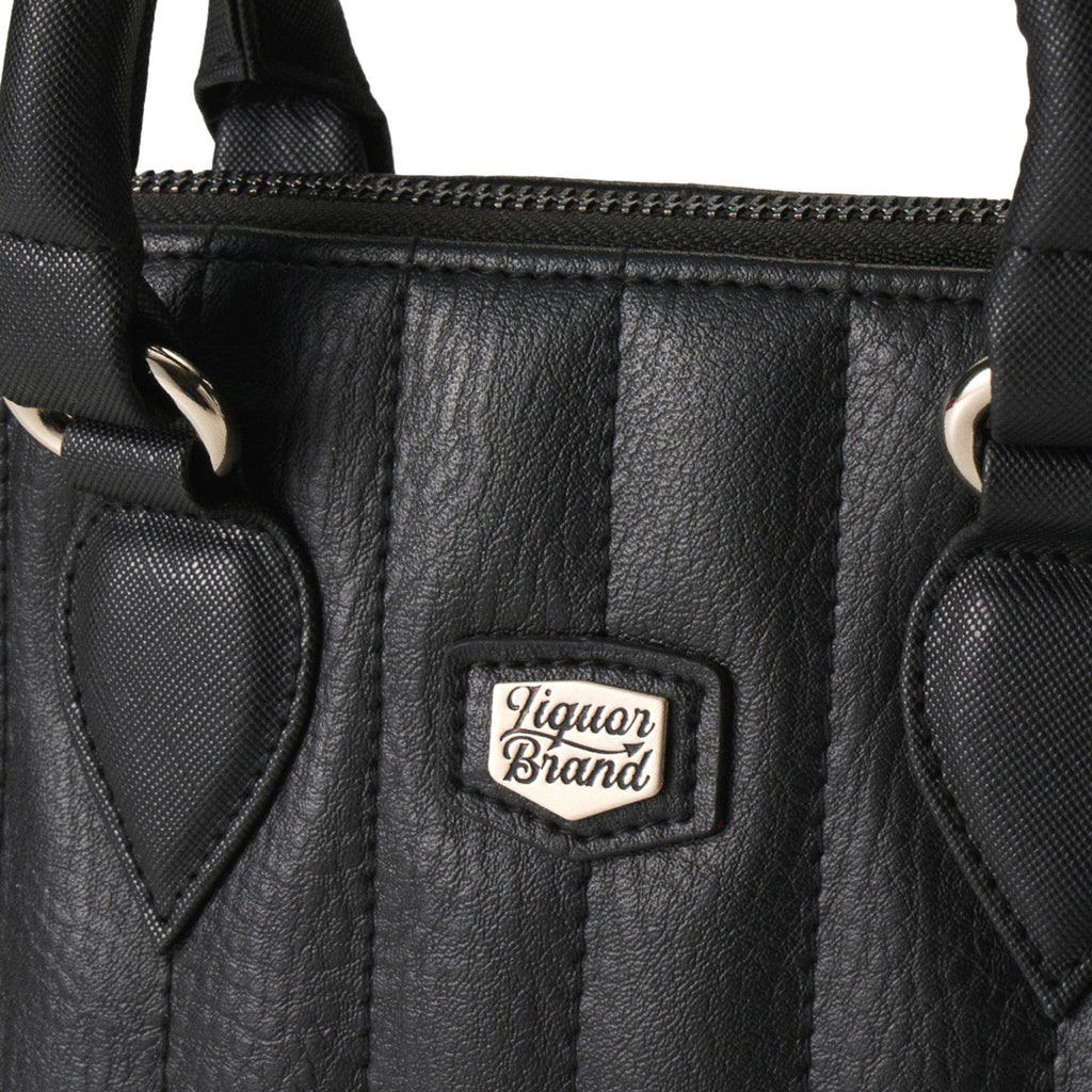  Close-up of the silver Liquorbrand logo patch on the stitching of the black bag