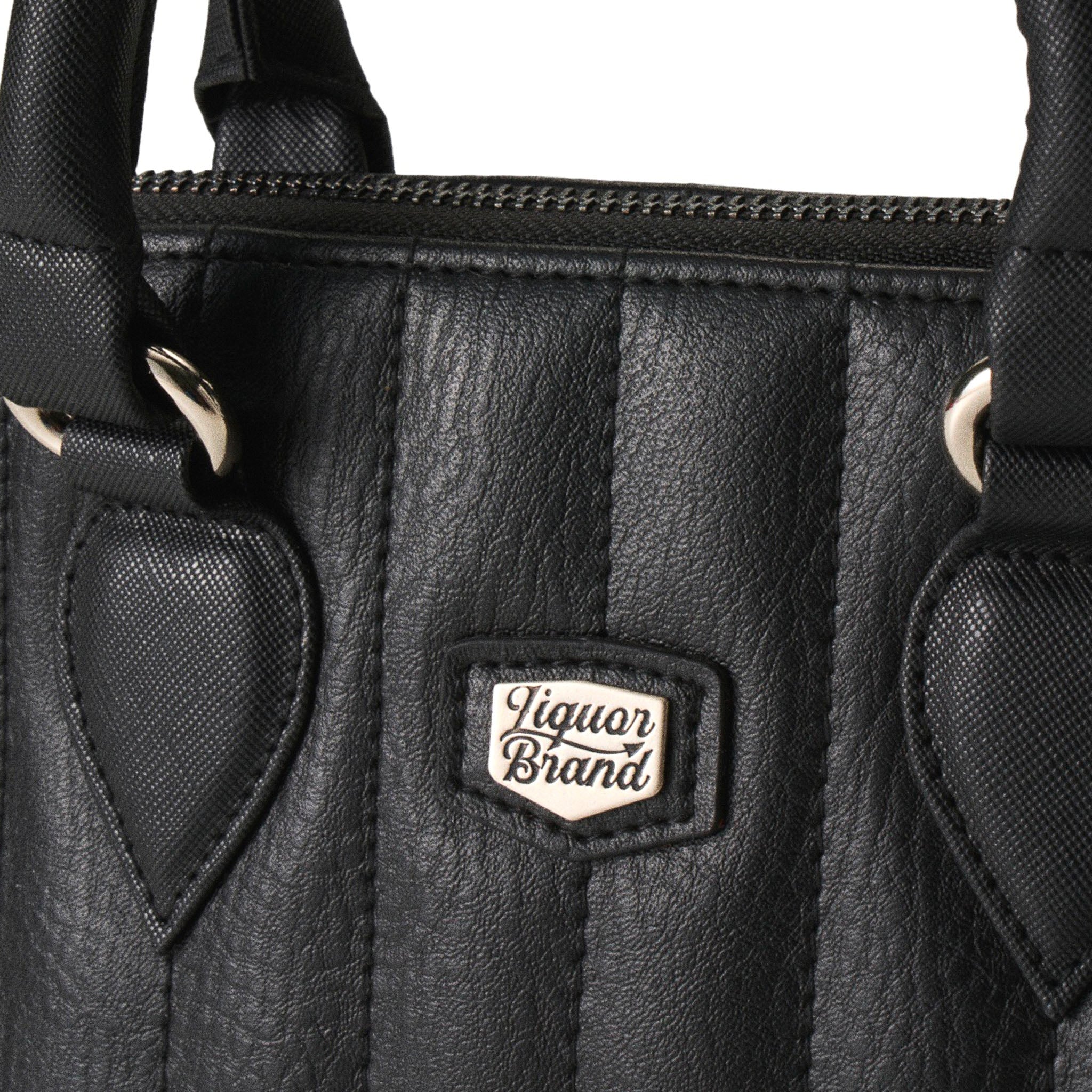  Close-up of the silver Liquorbrand logo patch on the stitching of the black bag