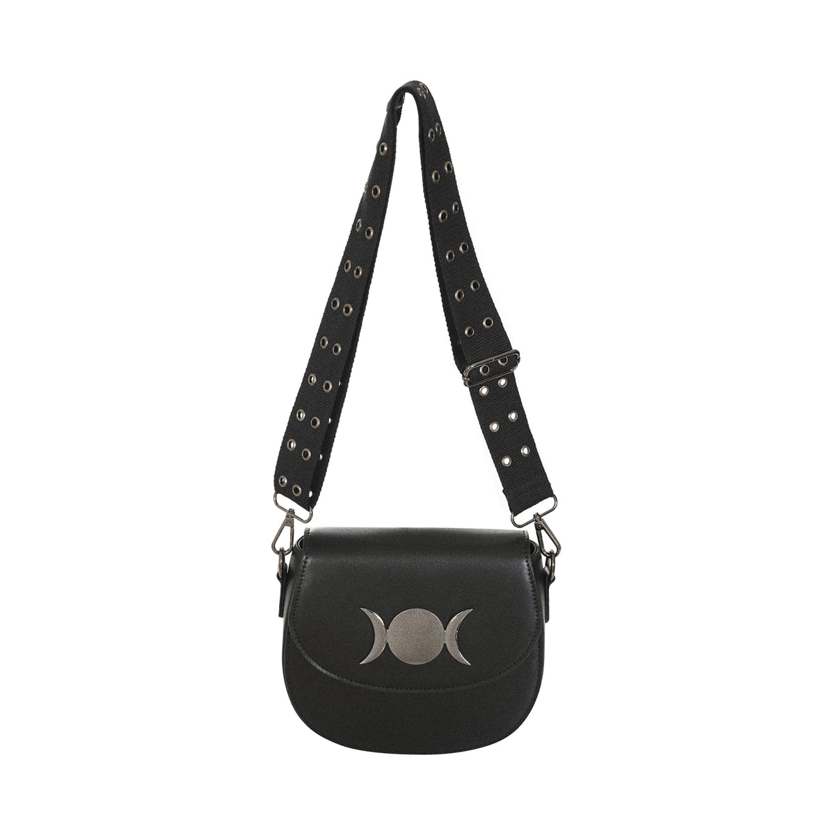  Gothic black crossbody bag with Triple Moon emblem and wide fabric strap with eyelets