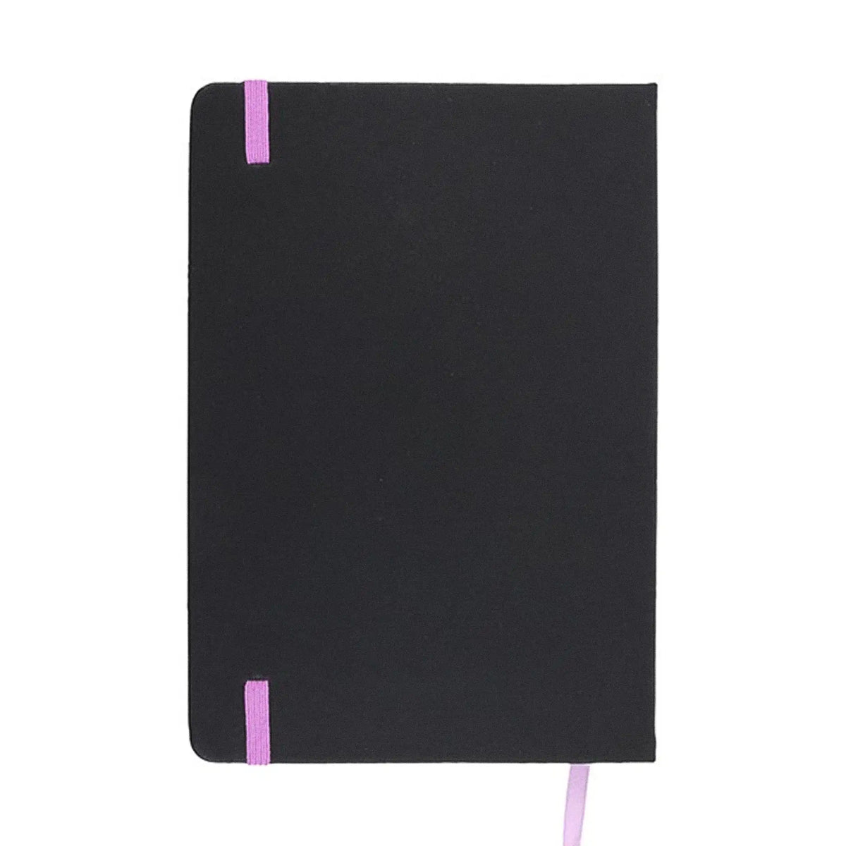 Parte posterior de la libreta en color negro con detalle de goma lavanda.