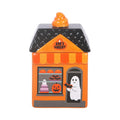 Quemador de aceites esenciales con forma de mini panadería fantasmal estética de Halloween para el hogar vista frontal sobre fondo blanco.
