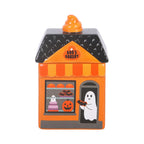 Quemador de aceites esenciales con forma de mini panadería fantasmal estética de Halloween para el hogar vista frontal sobre fondo blanco.