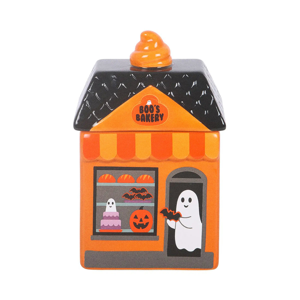 Quemador de aceites esenciales con forma de mini panadería fantasmal estética de Halloween para el hogar vista frontal sobre fondo blanco.