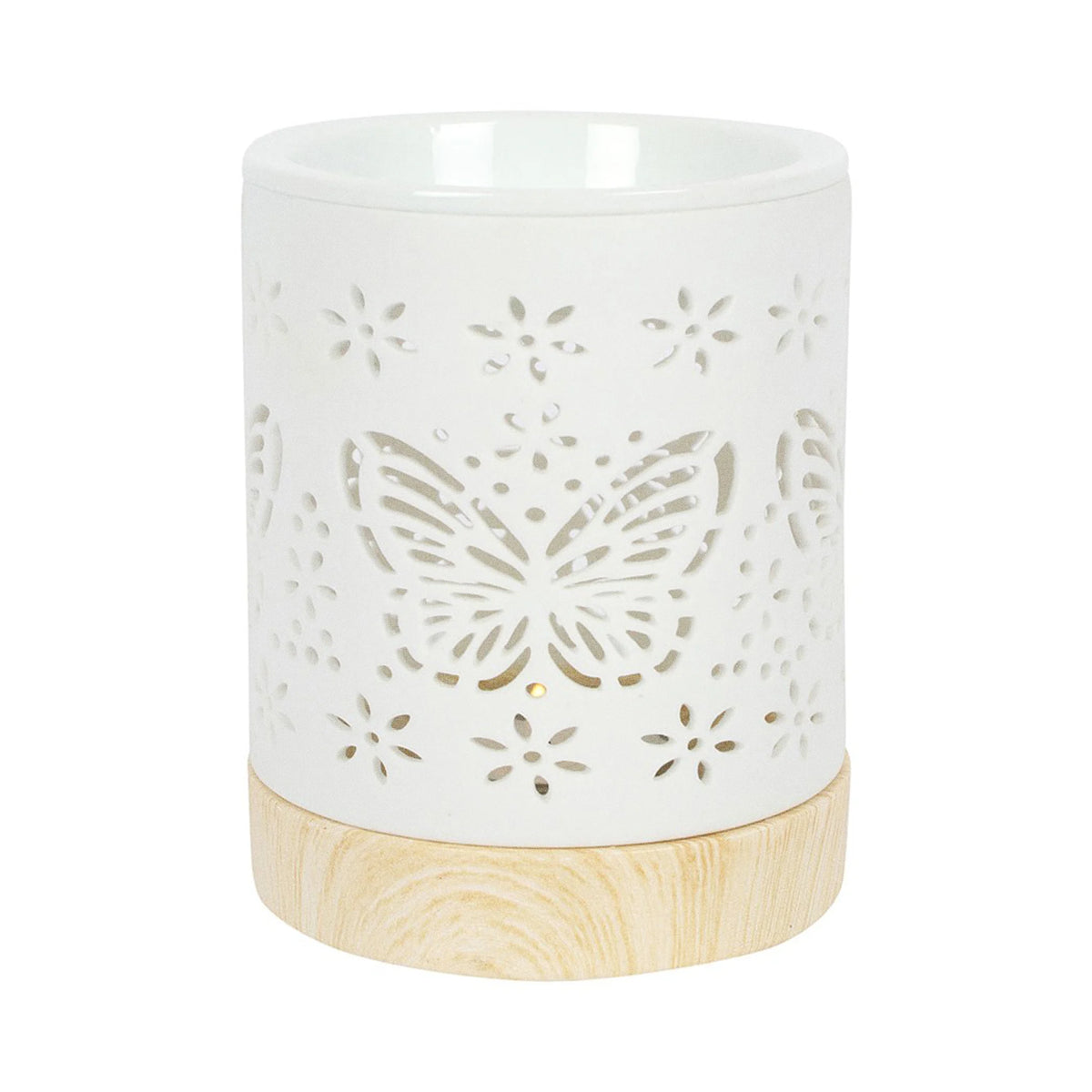 Quemador de aceites esenciales y calentador de cera con diseño de mariposa calada en blanco y base de madera vista frontal sobre fondo blanco.