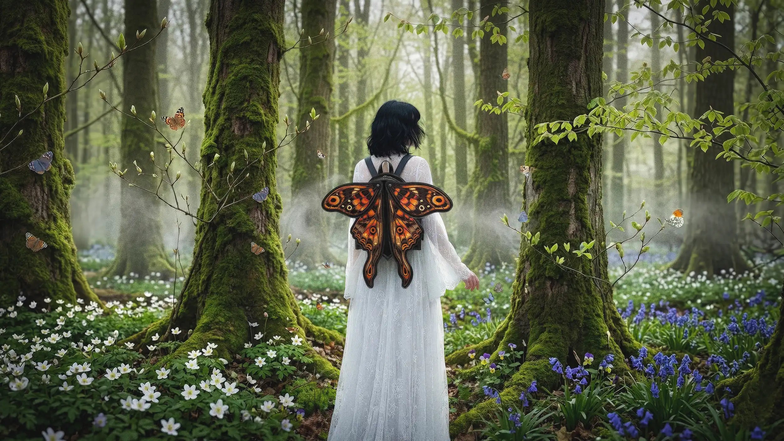 Mochila de alas de mariposa monarca naranja y negro. Estilo whimsigoth y forestcore. Complemento perfecto para la universidad o diario.