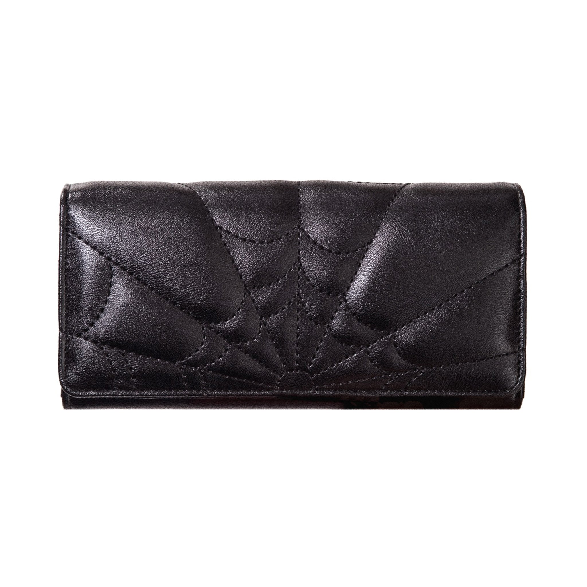  Long gothic wallet in black faux leather with a quilted spiderweb design on the flap