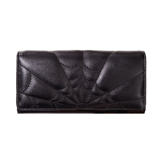 Cartera gótica alargada de polipiel negra con un diseño de telaraña acolchado en la solapa.