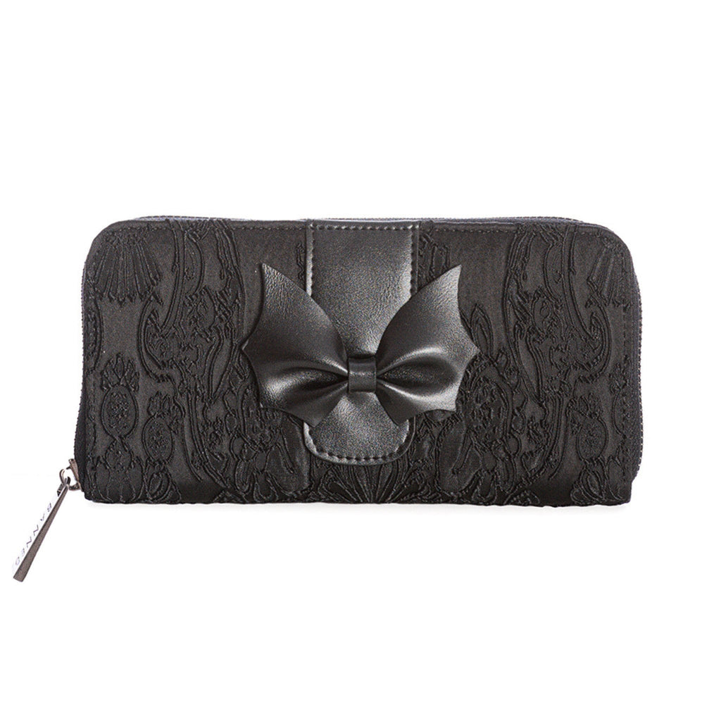  Long gothic wallet in black baroque fabric with a faux leather bat-wing bow in the center