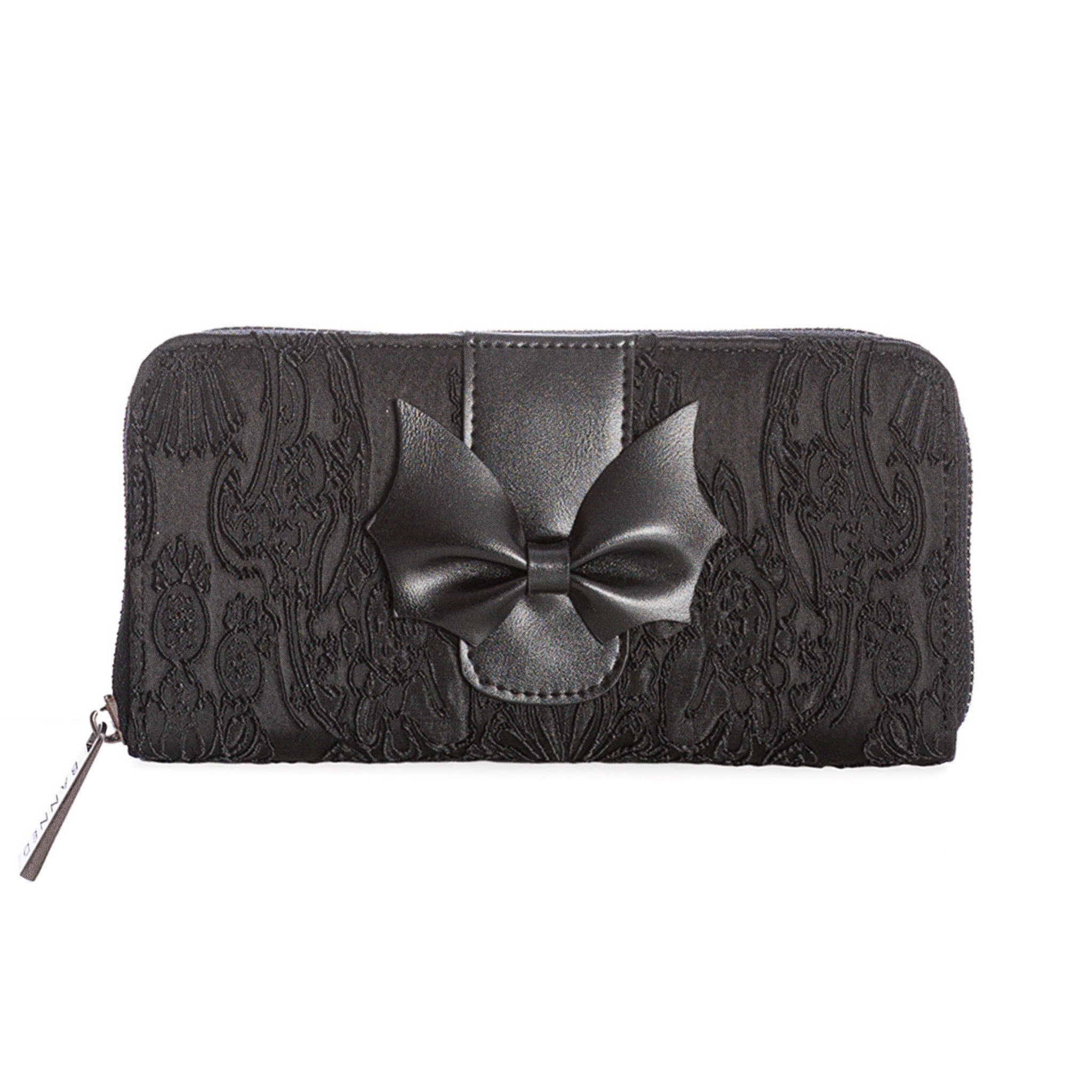  Long gothic wallet in black baroque fabric with a faux leather bat-wing bow in the center