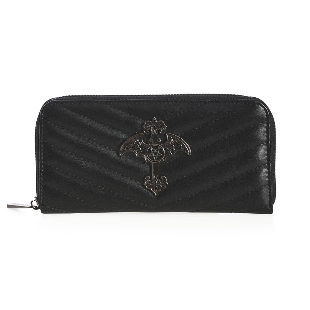  Long gothic wallet with quilted texture and a metal cross ornament with bat wings