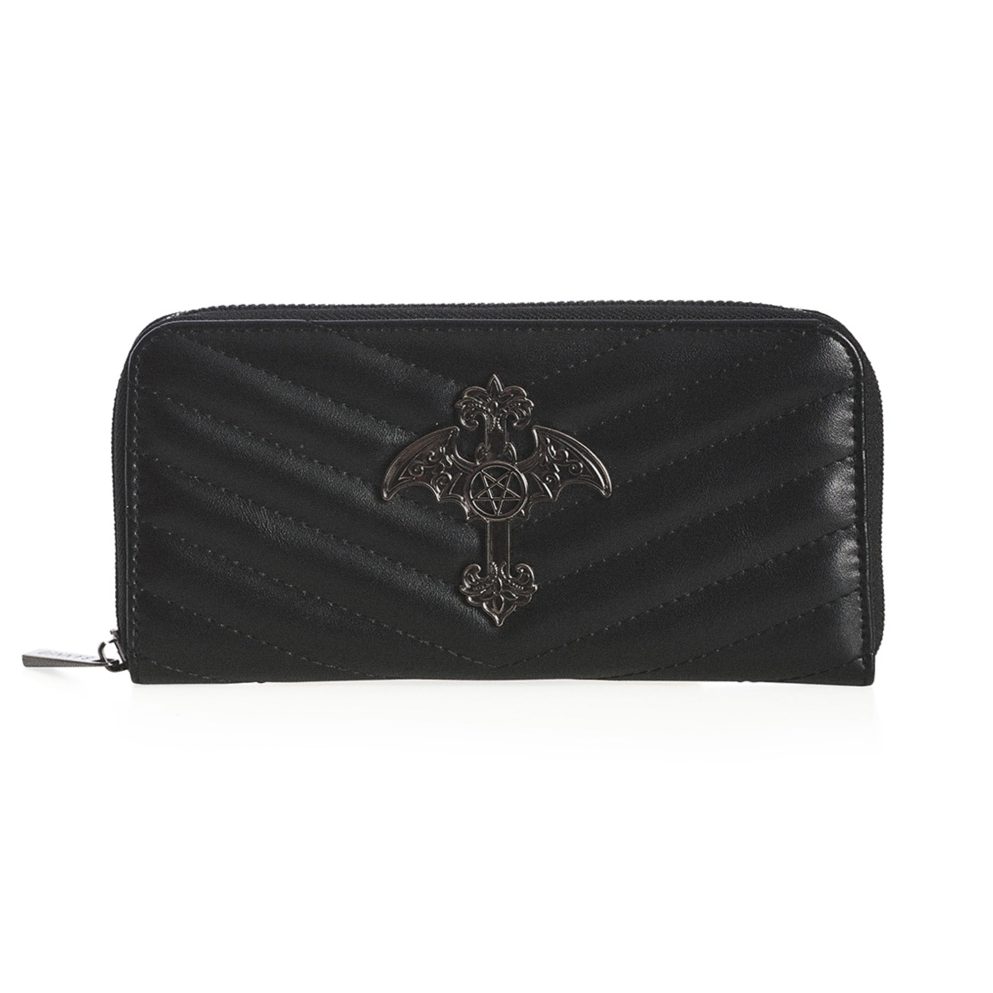  Long gothic wallet with quilted texture and a metal cross ornament with bat wings