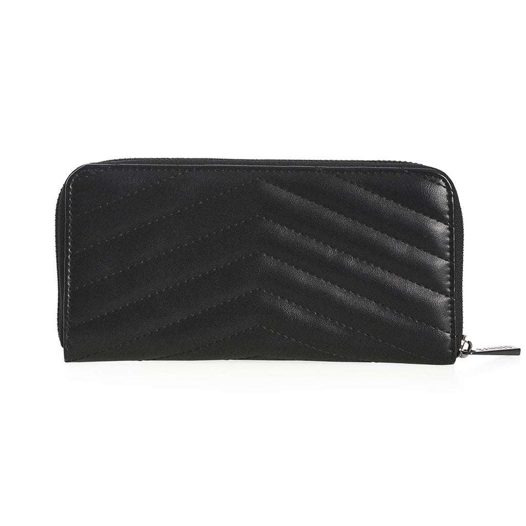  Long gothic wallet with quilted texture and a metal cross ornament with bat wings