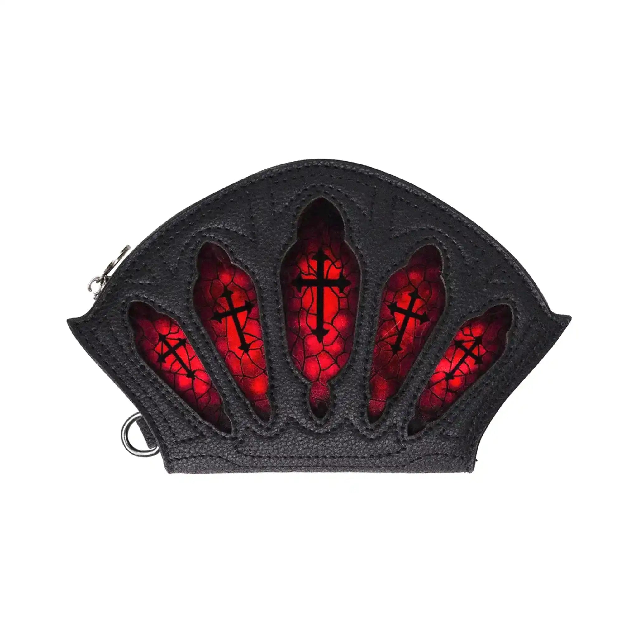 Cartera gótica con vitrales rojos en la parte frontal inspirada en catedrales góticas, con cierre de cremallera para monedas y espacio para tarjetas y billetes modelo Bloodveil de Restyle vista frontal