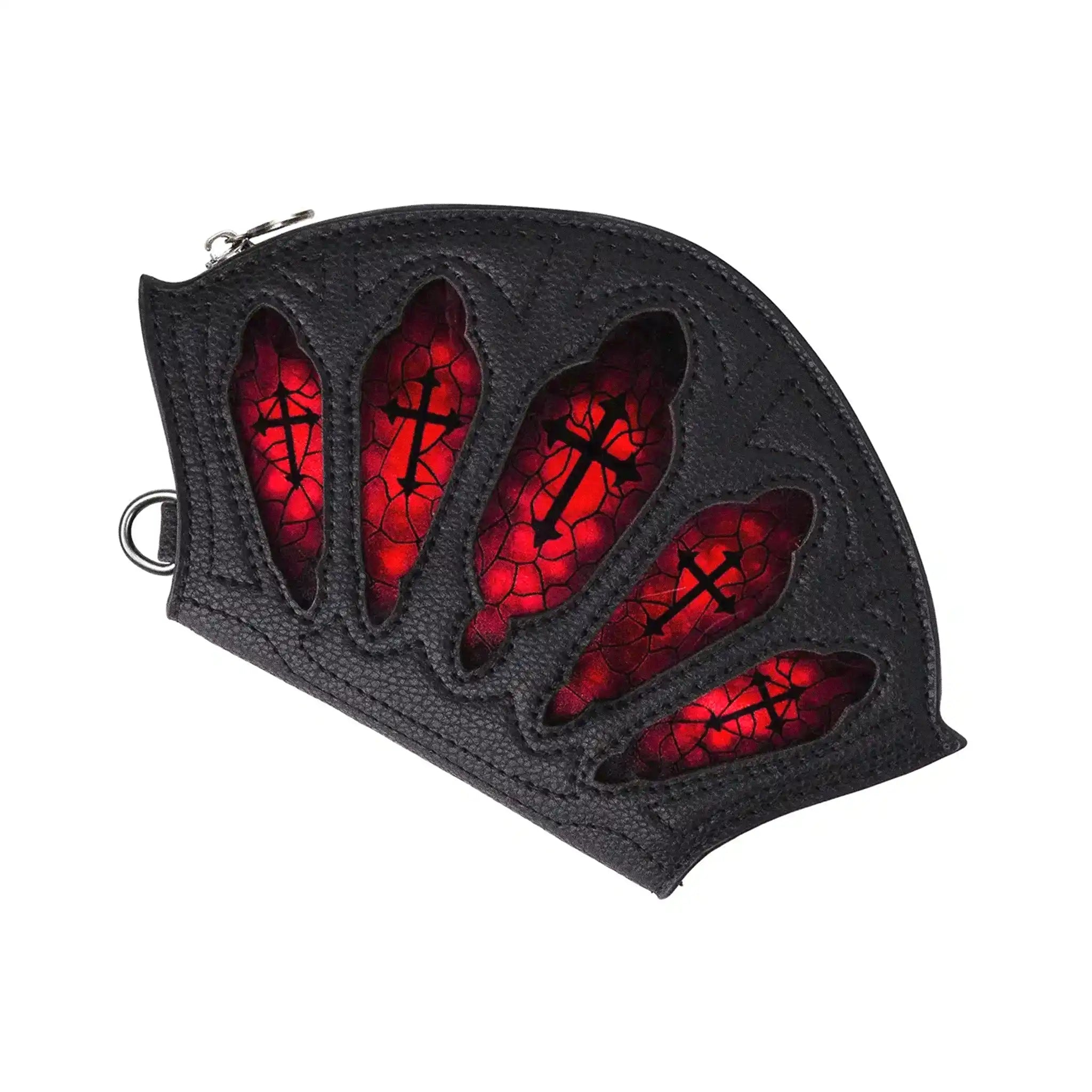 Cartera gótica con vitrales rojos en la parte frontal inspirada en catedrales góticas, con cierre de cremallera para monedas y espacio para tarjetas y billetes modelo Bloodveil de Restyle vista ángulo