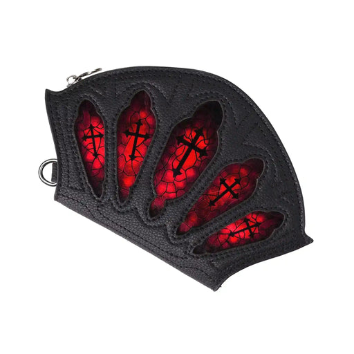 Cartera gótica con vitrales rojos en la parte frontal inspirada en catedrales góticas, con cierre de cremallera para monedas y espacio para tarjetas y billetes modelo Bloodveil de Restyle vista ángulo