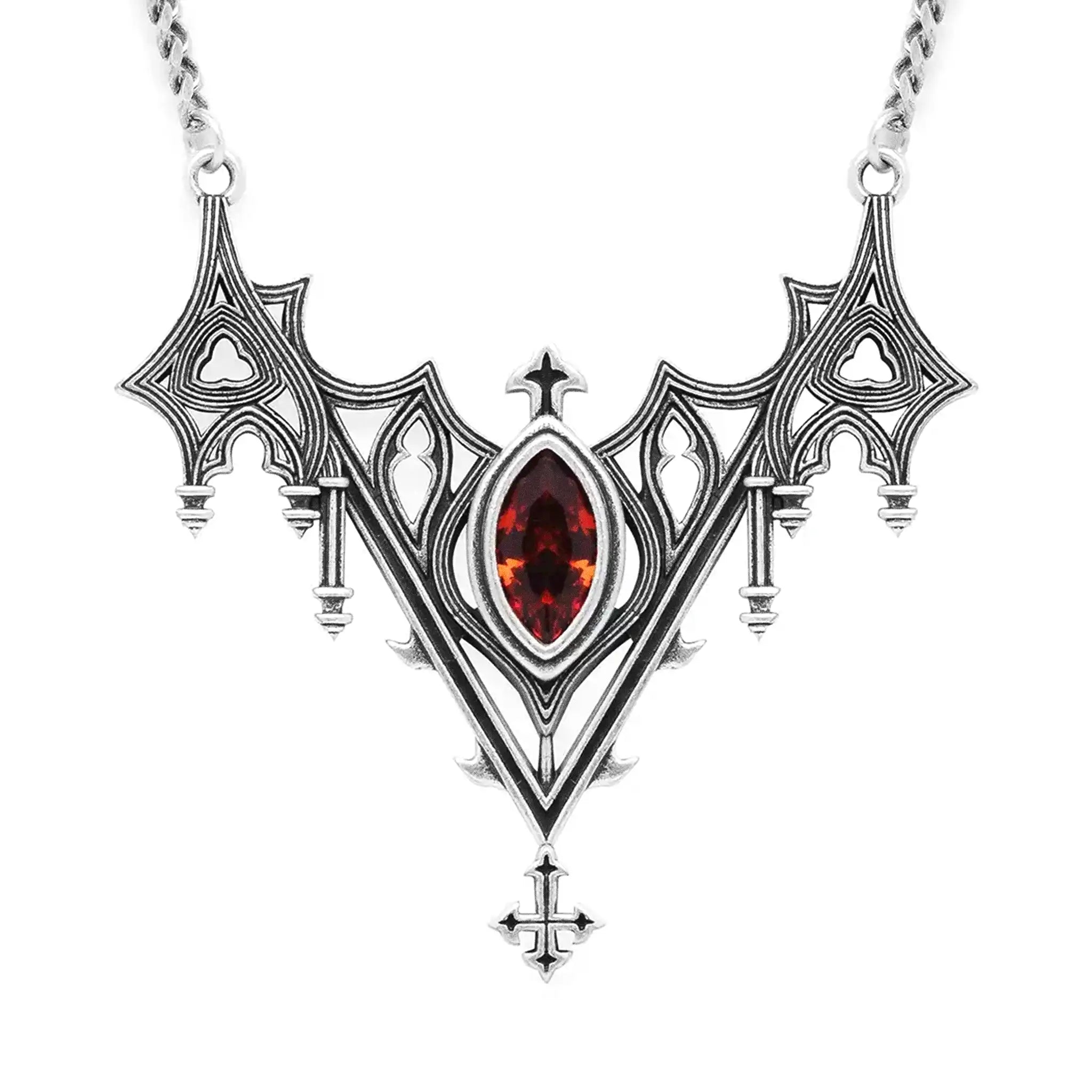 Collar con silueta de murciélago creada por detalles inspirados en catedrales góticas y piedra roja central engarzada fabricado en latón y plata de ley de Restyle vista detalle del colgante