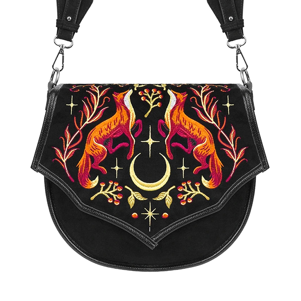 Rigid saddle crossbody bag fox embroidery autumn night forest whimsical forestcore front view
