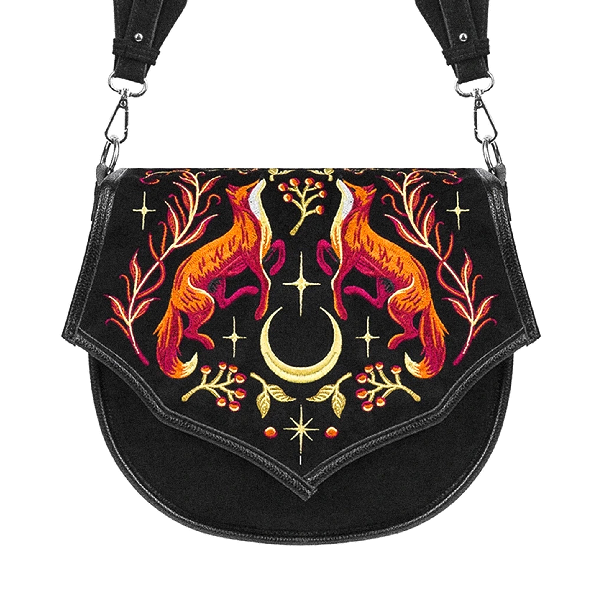 Bolso bandolera tipo saddle rígido con bordado en tonos otoñales de zorro en un bosque nocturno estilo whimsical forestcore aesthetic vista frontal