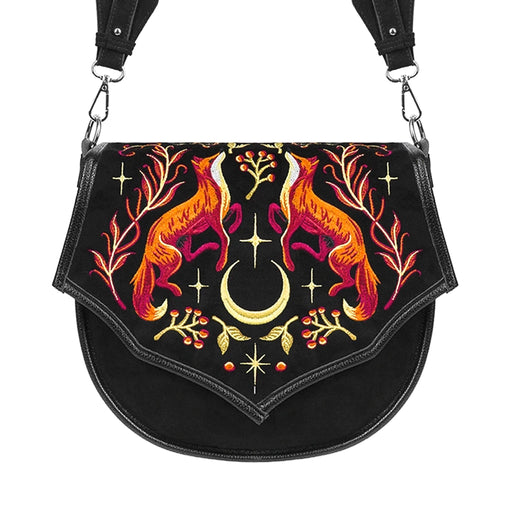 Rigid saddle crossbody bag fox embroidery autumn night forest whimsical forestcore front view