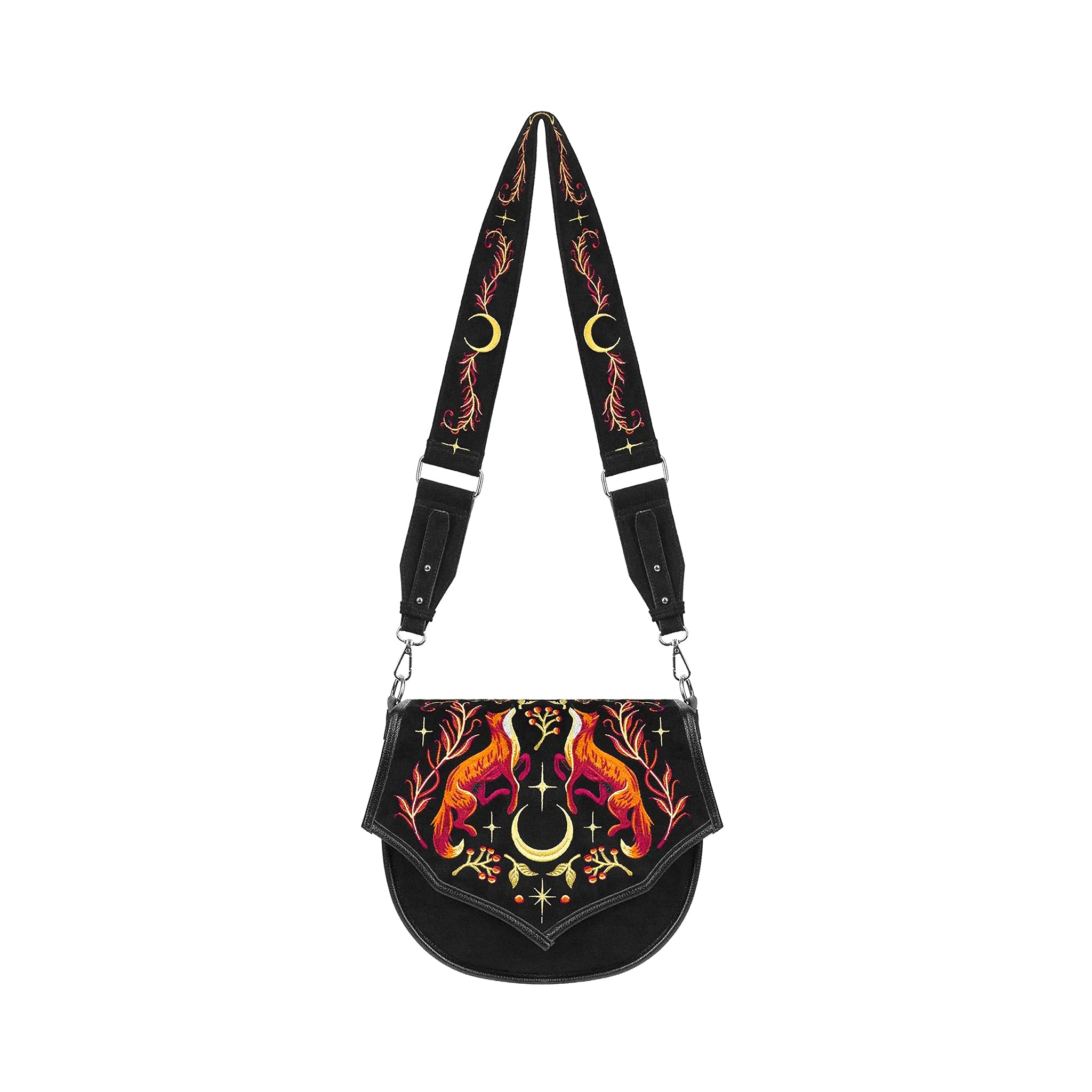  Rigid saddle crossbody bag fox embroidery whimsical forestcore full front view with strap