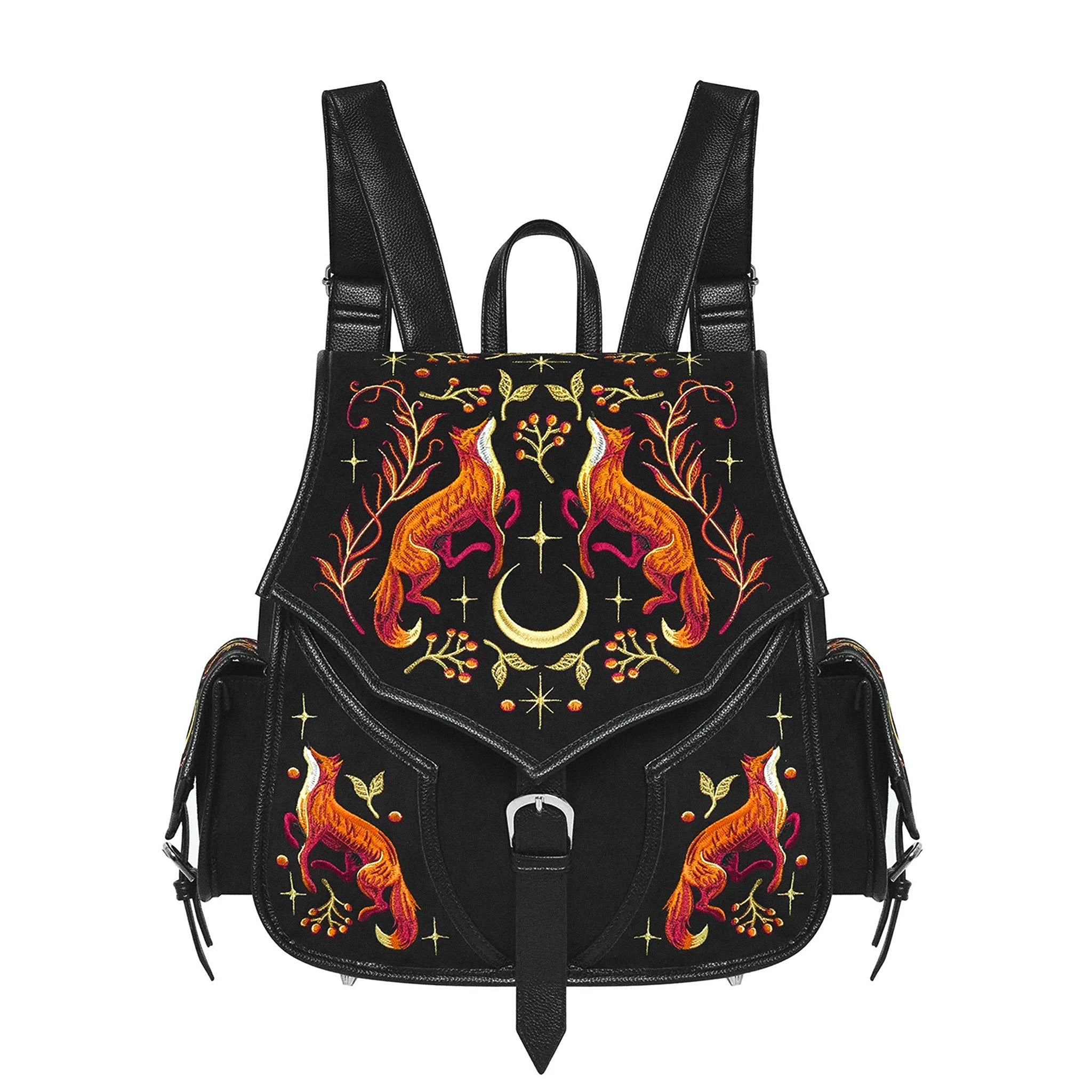 Mochila grande bordada estilo whimsigoth forestcore aesthetic con zorro, flores y medialuna modelo Mystic Fox de Restyle vista frontal
