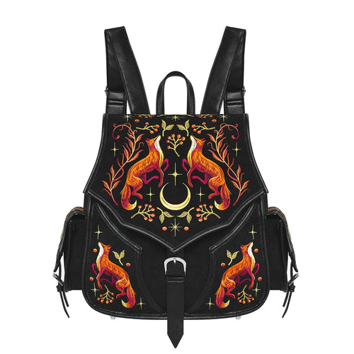 Mochila grande bordada estilo whimsigoth forestcore aesthetic con zorro, flores y medialuna modelo Mystic Fox de Restyle vista frontal