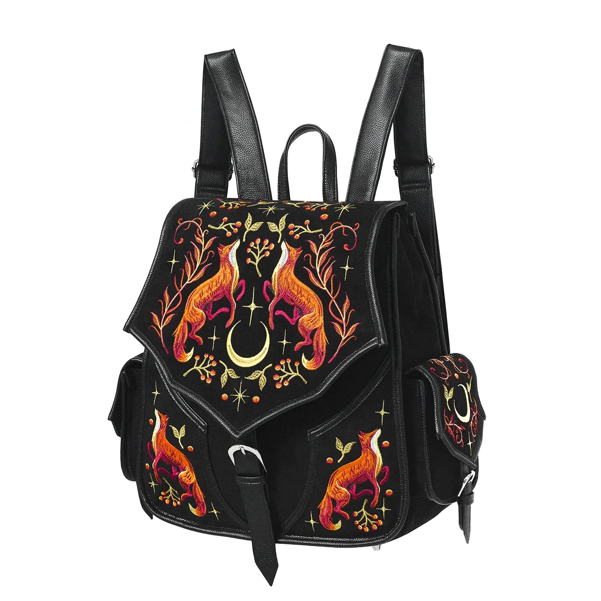 Mochila grande bordada estilo whimsigoth forestcore aesthetic con zorro, flores y medialuna modelo Mystic Fox de Restyle vista ángulo