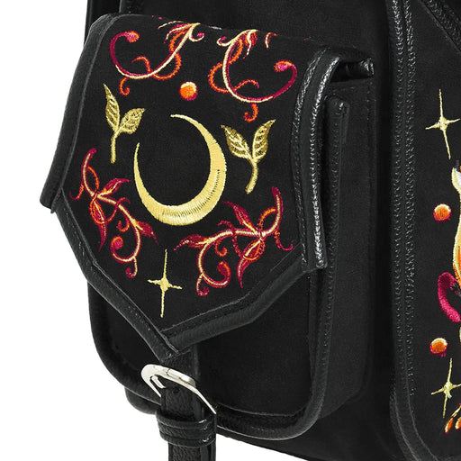 Mochila grande bordada estilo whimsigoth forestcore aesthetic con zorro, flores y medialuna modelo Mystic Fox de Restyle vista detalle de bolsillo lateral
