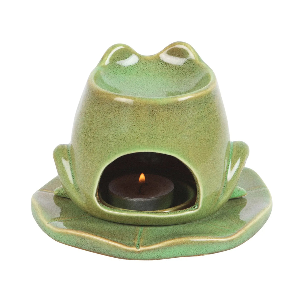 Quemador de aceites esenciales en forma de rana sobre nenúfar decoración aesthetic para el hogar vista posterior de hueco para vela de té sobre fondo blanco.