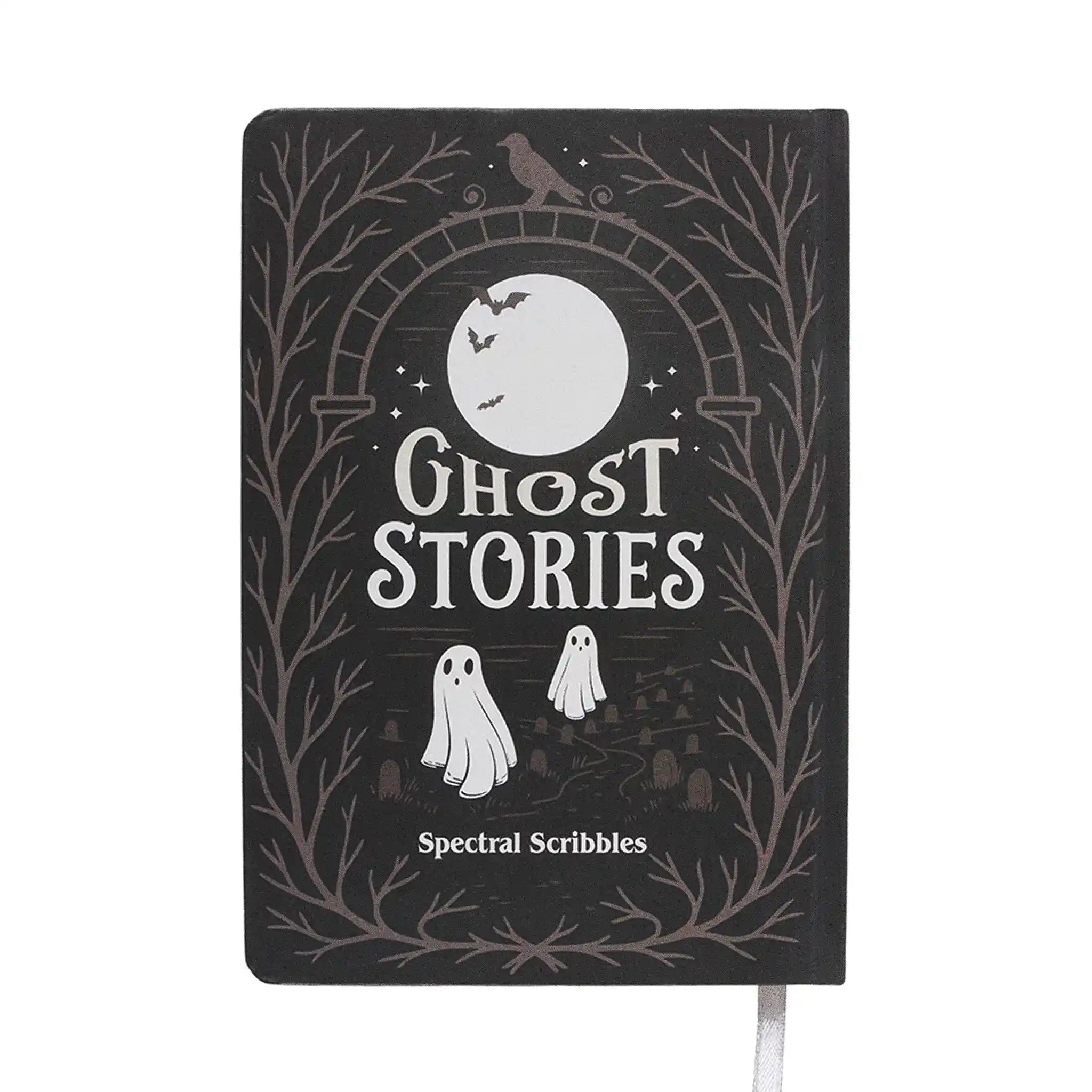 Contraportada de libreta A5 estilo spooky con ilustración de fantasmas.