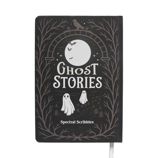 Contraportada de libreta A5 estilo spooky con ilustración de fantasmas.