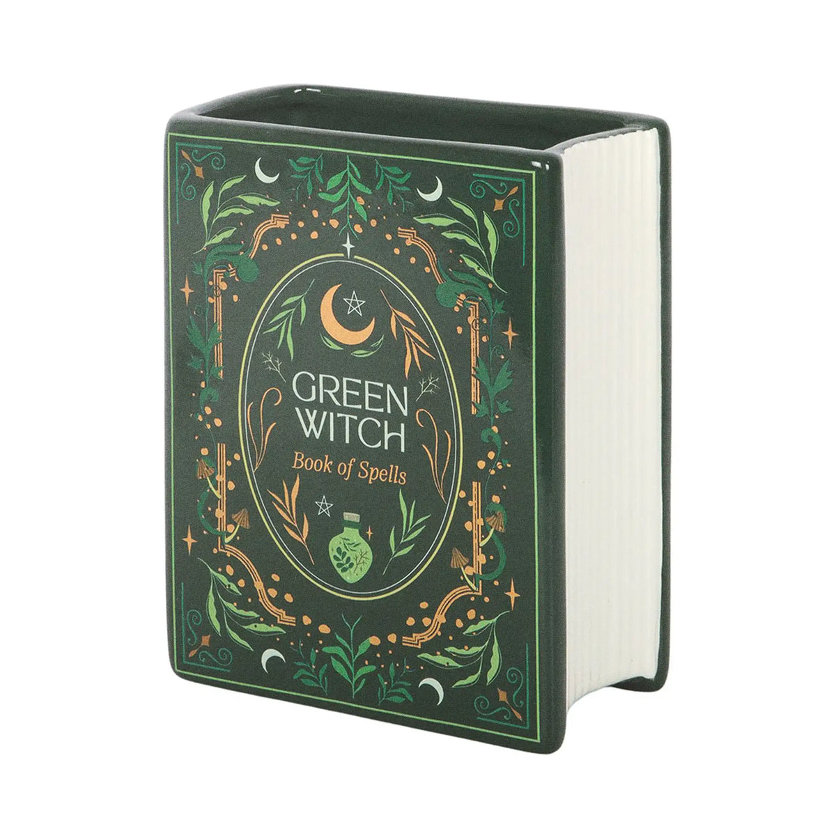 Jarrón verde Green Witchy Book of Spells de cerámica estilo witchy, whimsical y fairycore de cerámica para las amantes de los libros vista ángulo dejando a la vista la parte de las páginas del libro sobre fondo blanco. 