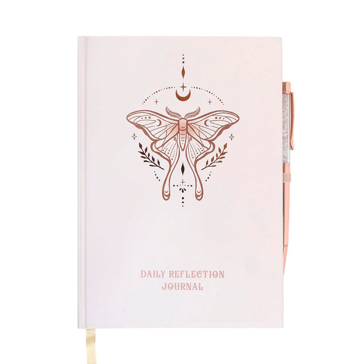 Libreta A5 Daily Reflection Journal con ilustración de polilla estilo whimsical en la portada y bolígrafo incluido vista frontal sobre fondo blanco. 