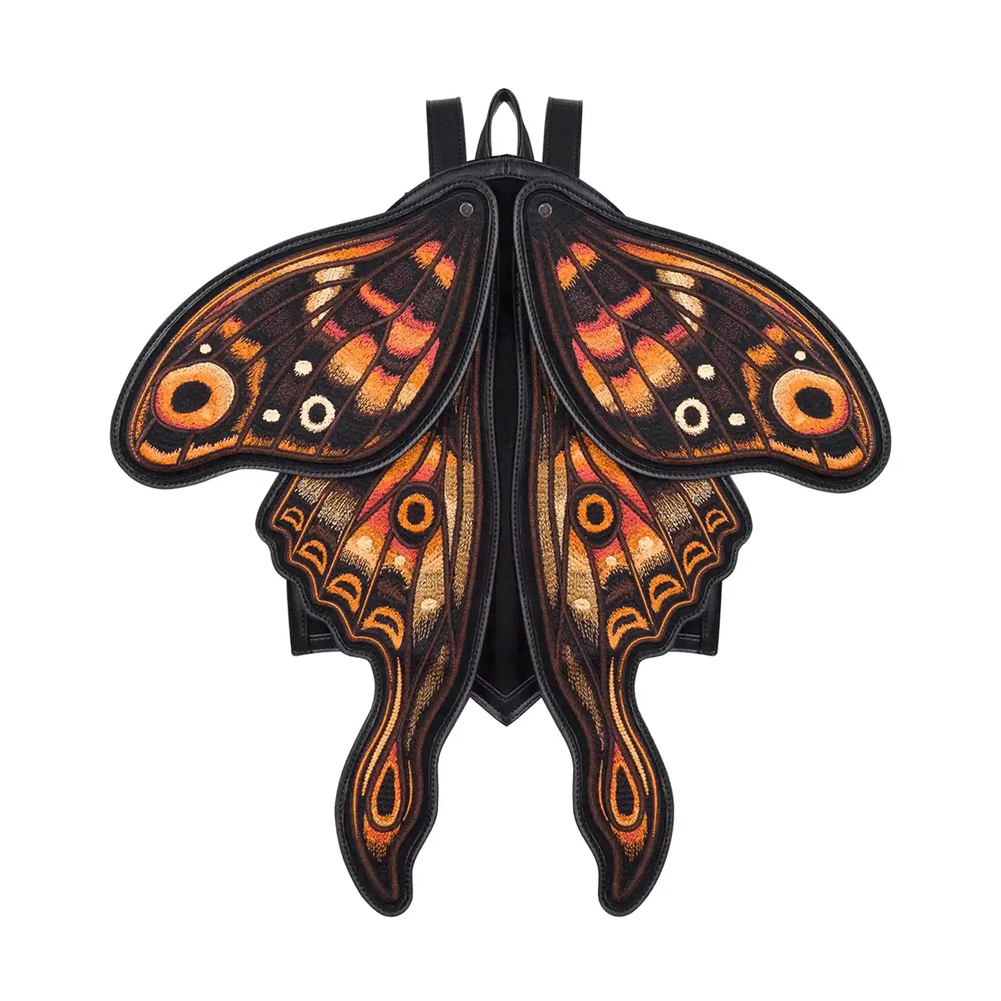 Mochila con forma de polilla y alas móviles con impresionante bordado en tonos fuego fabricada en tejido vegano vista con alas cerradas frontal