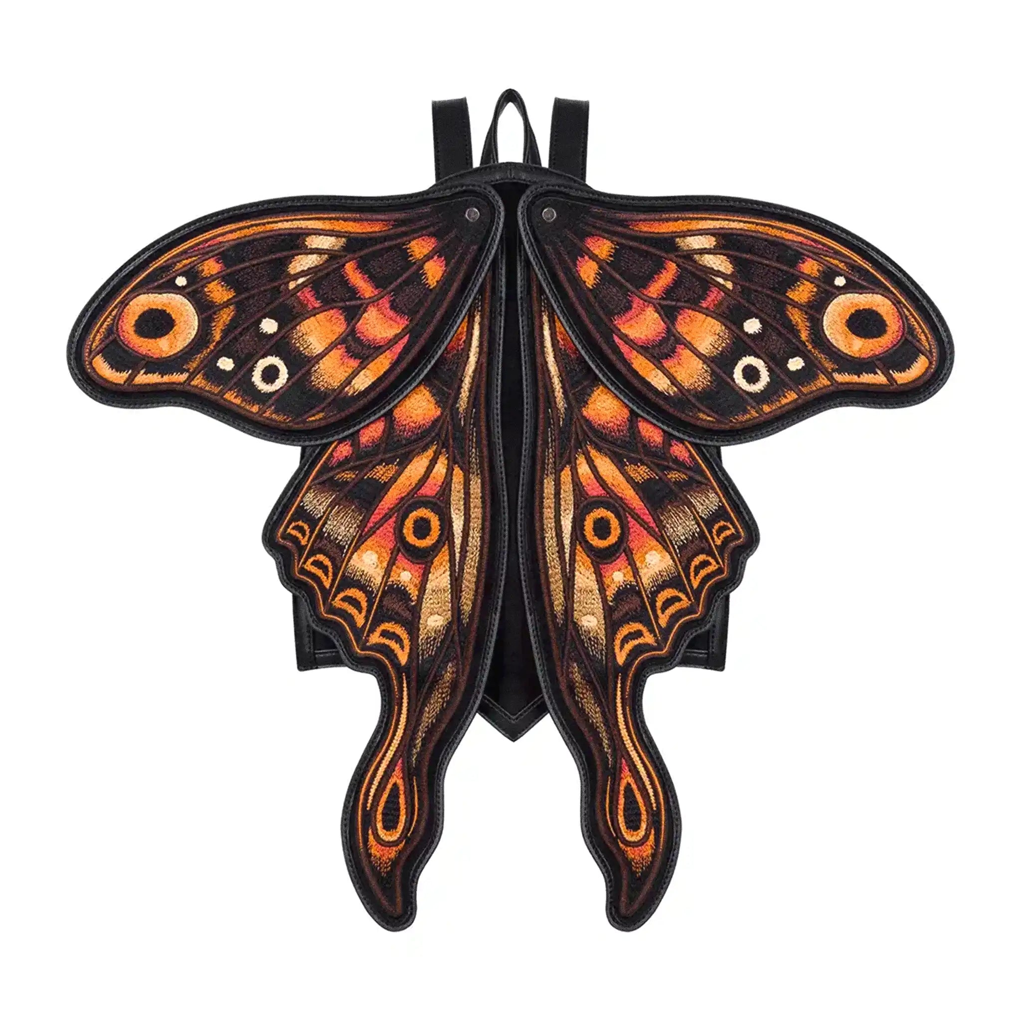 Mochila con forma de polilla y alas móviles con impresionante bordado en tonos fuego fabricada en tejido vegano vista con alas abiertas frontal