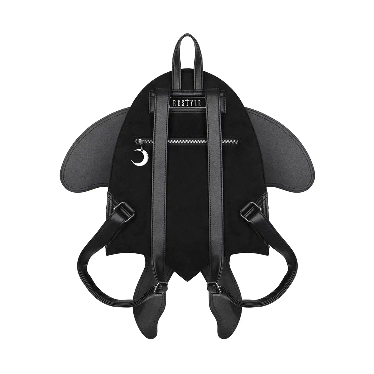 Mochila con forma de polilla y alas móviles con impresionante bordado en tonos fuego fabricada en tejido vegano vista posterior