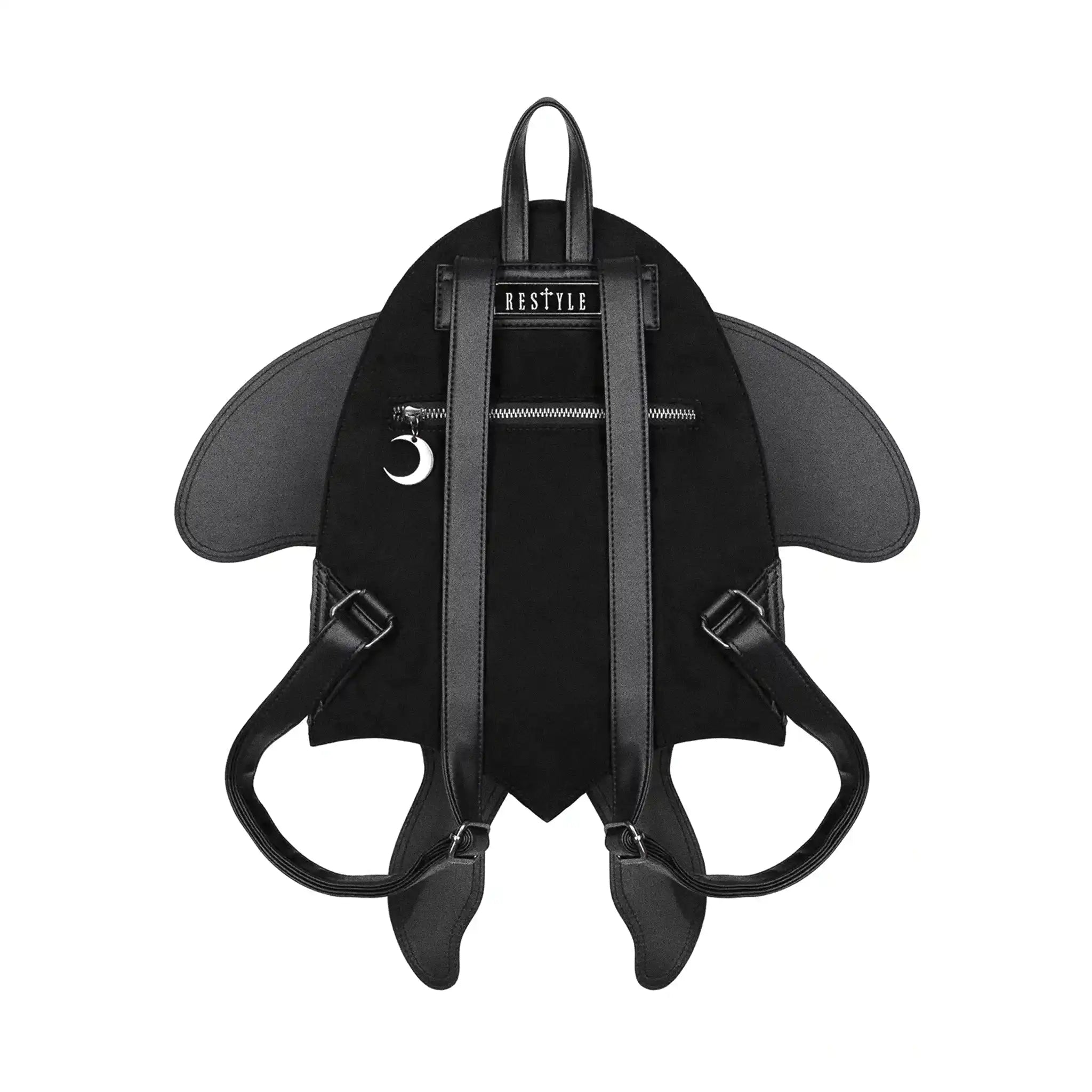 Mochila con forma de polilla y alas móviles con impresionante bordado en tonos fuego fabricada en tejido vegano vista posterior