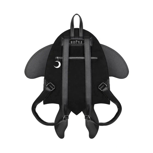 Mochila con forma de polilla y alas móviles con impresionante bordado en tonos fuego fabricada en tejido vegano vista posterior