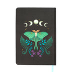 Parte posterior de libreta tamaño a5 con ilustración de polilla, lunas y helechos.