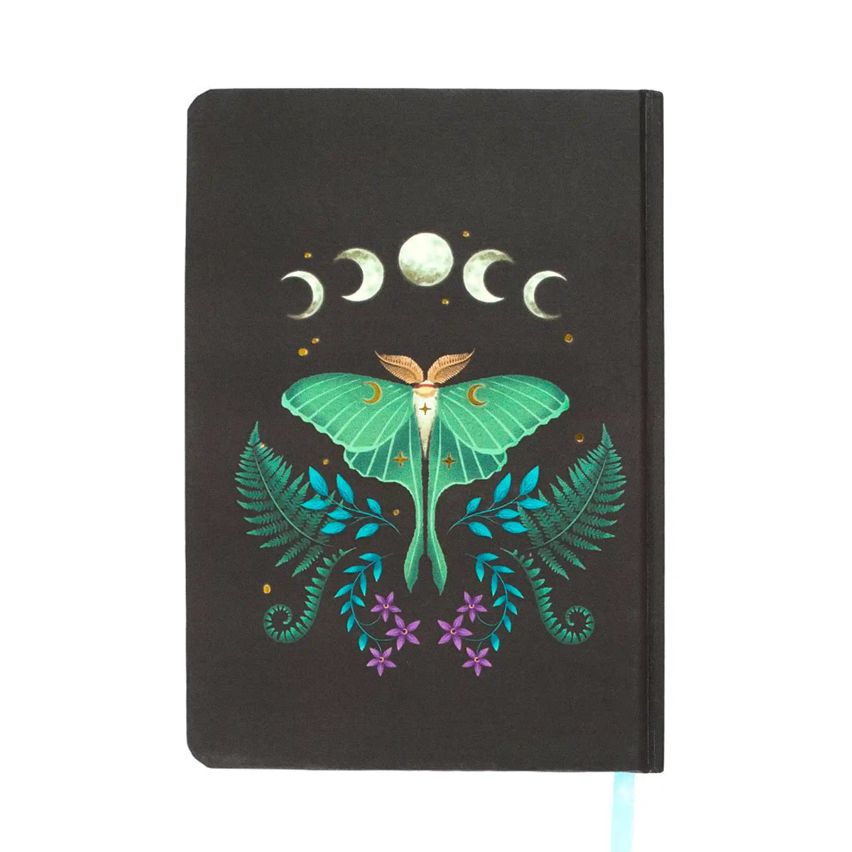 Parte posterior de libreta tamaño a5 con ilustración de polilla, lunas y helechos.