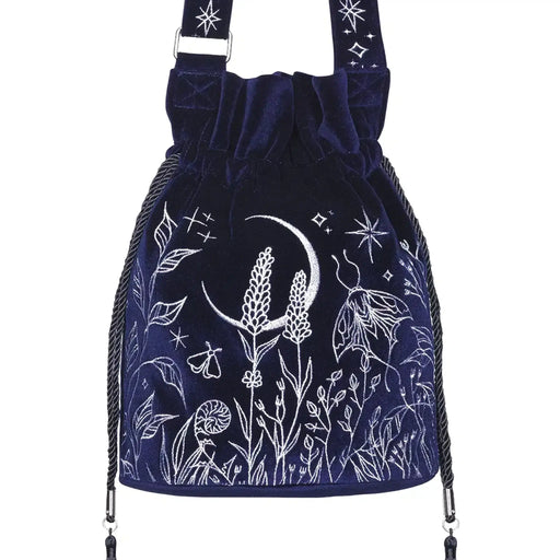 Restyle Lunar Eclipse midnight blue velvet bucket bag with celestial moon and forest embroidery front view