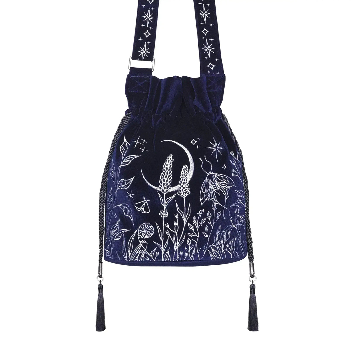 Restyle Lunar Eclipse bucket bag front view showing strap and decorative tassels midnight blue velvet