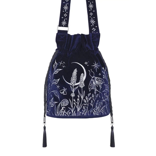 Restyle Lunar Eclipse bucket bag front view showing strap and decorative tassels midnight blue velvet