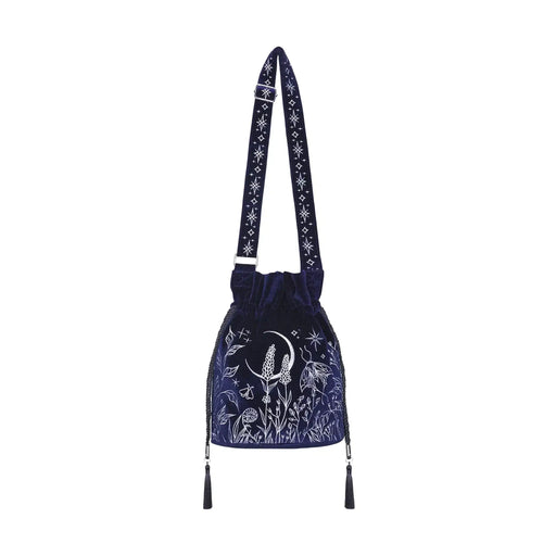 Full front view of Restyle Lunar Eclipse midnight blue velvet bucket bag with celestial moon embroidery