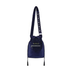 Full back view of Restyle Lunar Eclipse bucket bag midnight blue velvet with zipper pocket