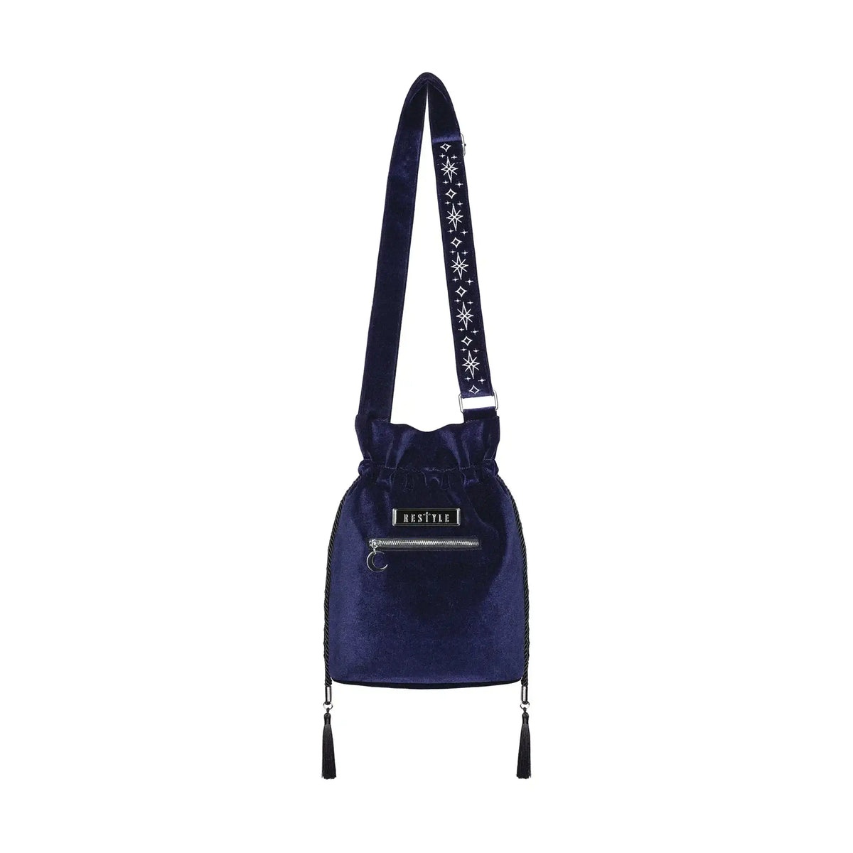 Bolso bandolera tipo saco en terciopelo azul medianoche con bordado celestial de luna y elementos naturales del bosque modelo Lunar Eclipse de Restyle vista posterior completa