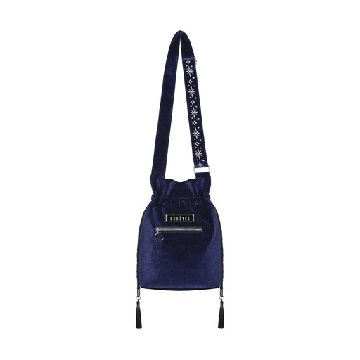 Full back view of Restyle Lunar Eclipse bucket bag midnight blue velvet with zipper pocket