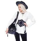 Model wearing Restyle Lunar Eclipse midnight blue velvet bucket bag on shoulder celestial style