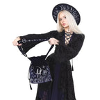 Restyle Lunar Eclipse bucket bag midnight blue velvet worn by model lifestyle shot